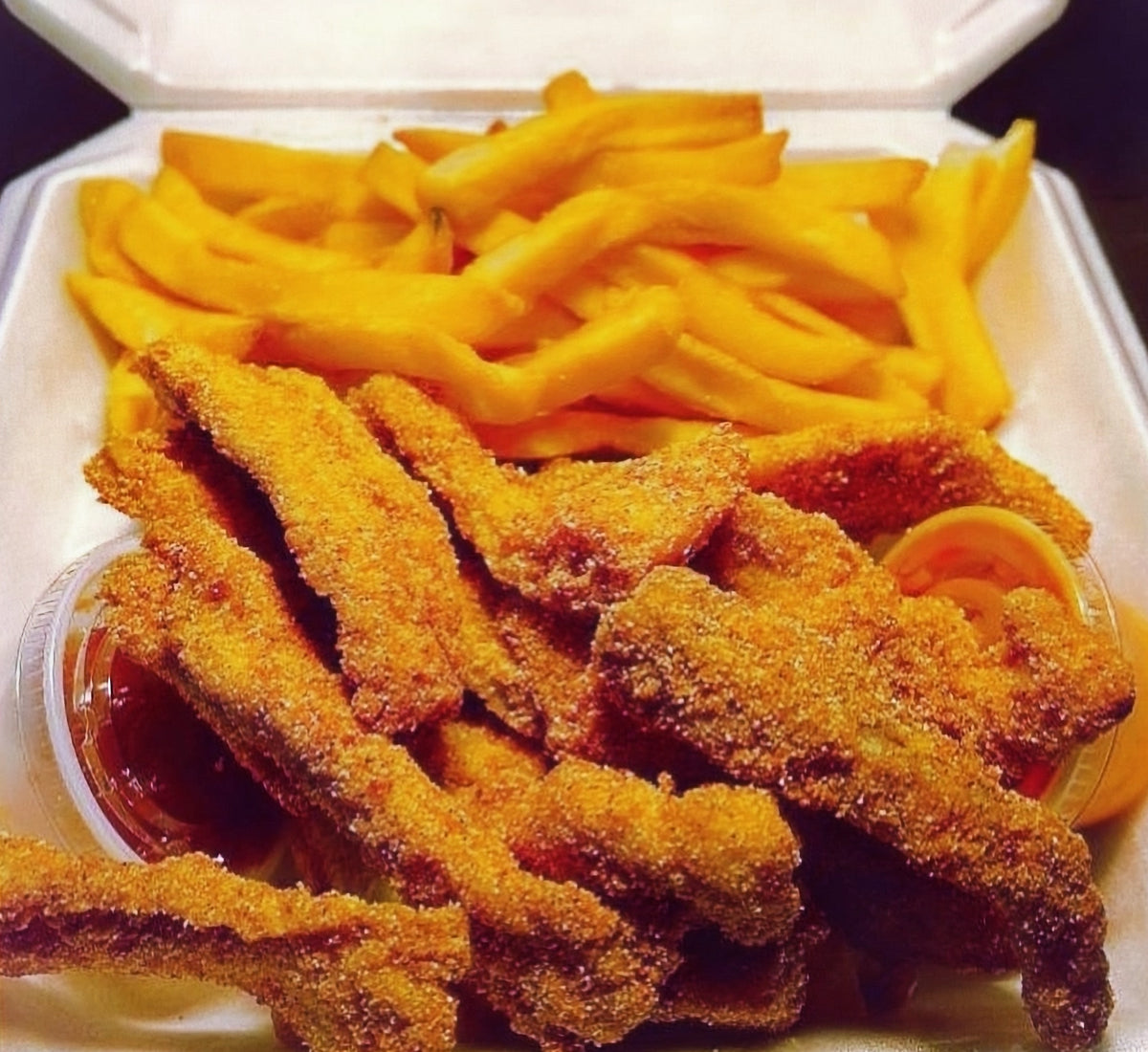 fried boneless buffalo fish and straight cut fries platter